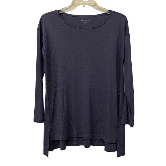 Eileen Fisher Womens Petite Size Small Purple Solid Tencel Jersey Jewel Neck Top - Picture 2 of 6